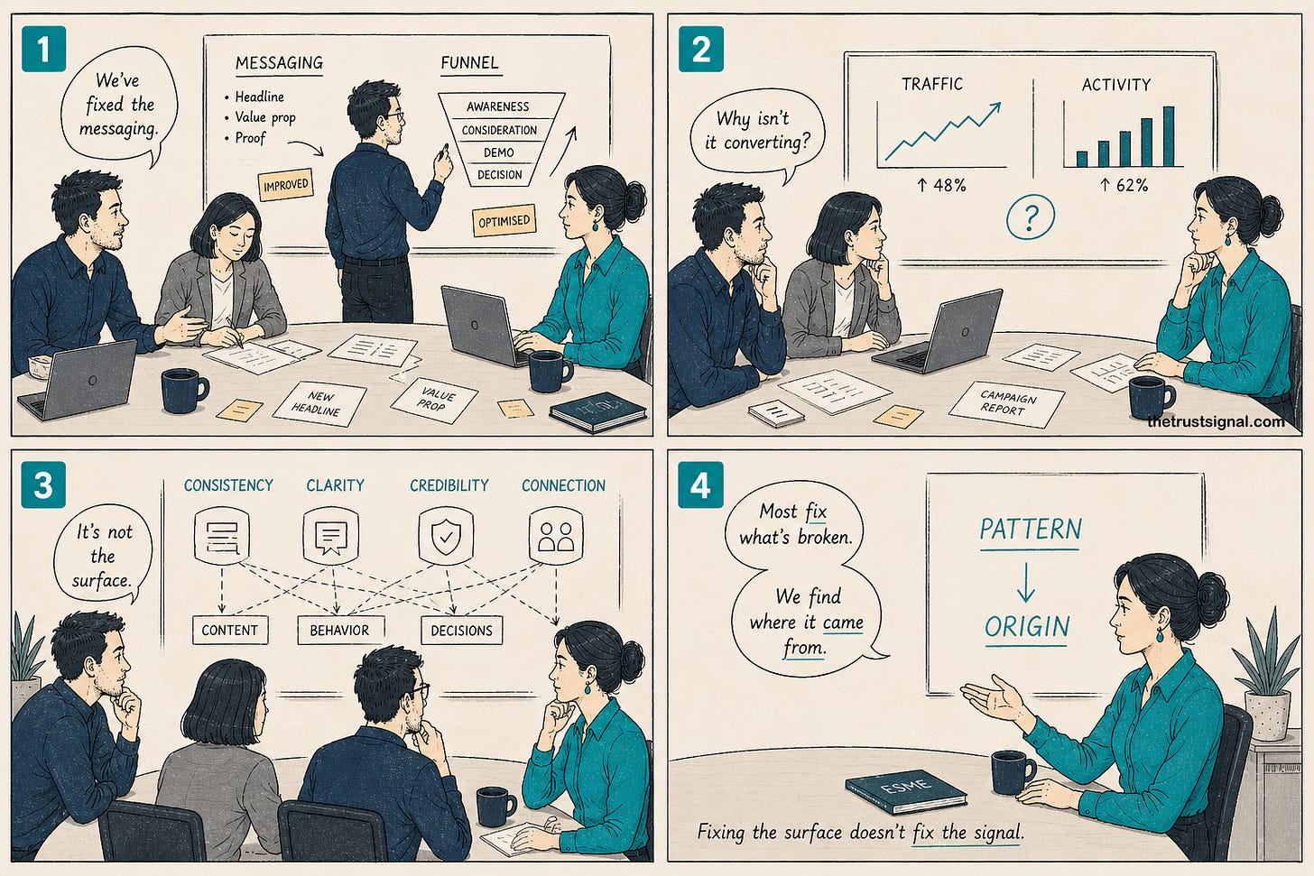 Four-panel editorial cartoon showing Esme tracing brand signal patterns to their origin