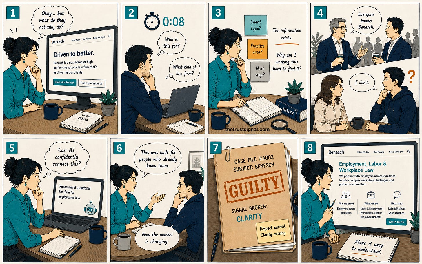 Seven-panel editorial cartoon summarizing the Benesch Clarity audit