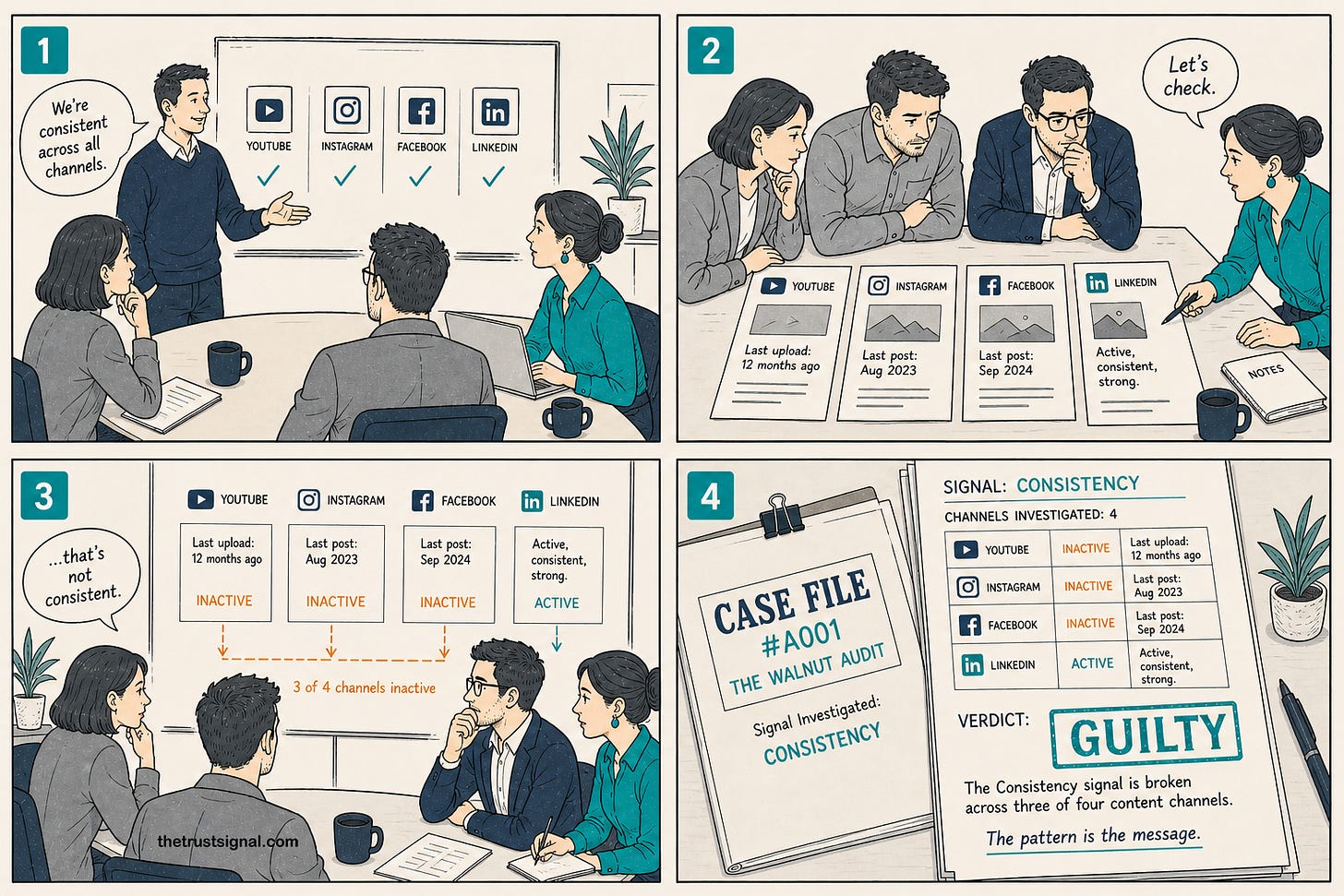 Four-panel editorial cartoon showing how Esme investigates public brand signals