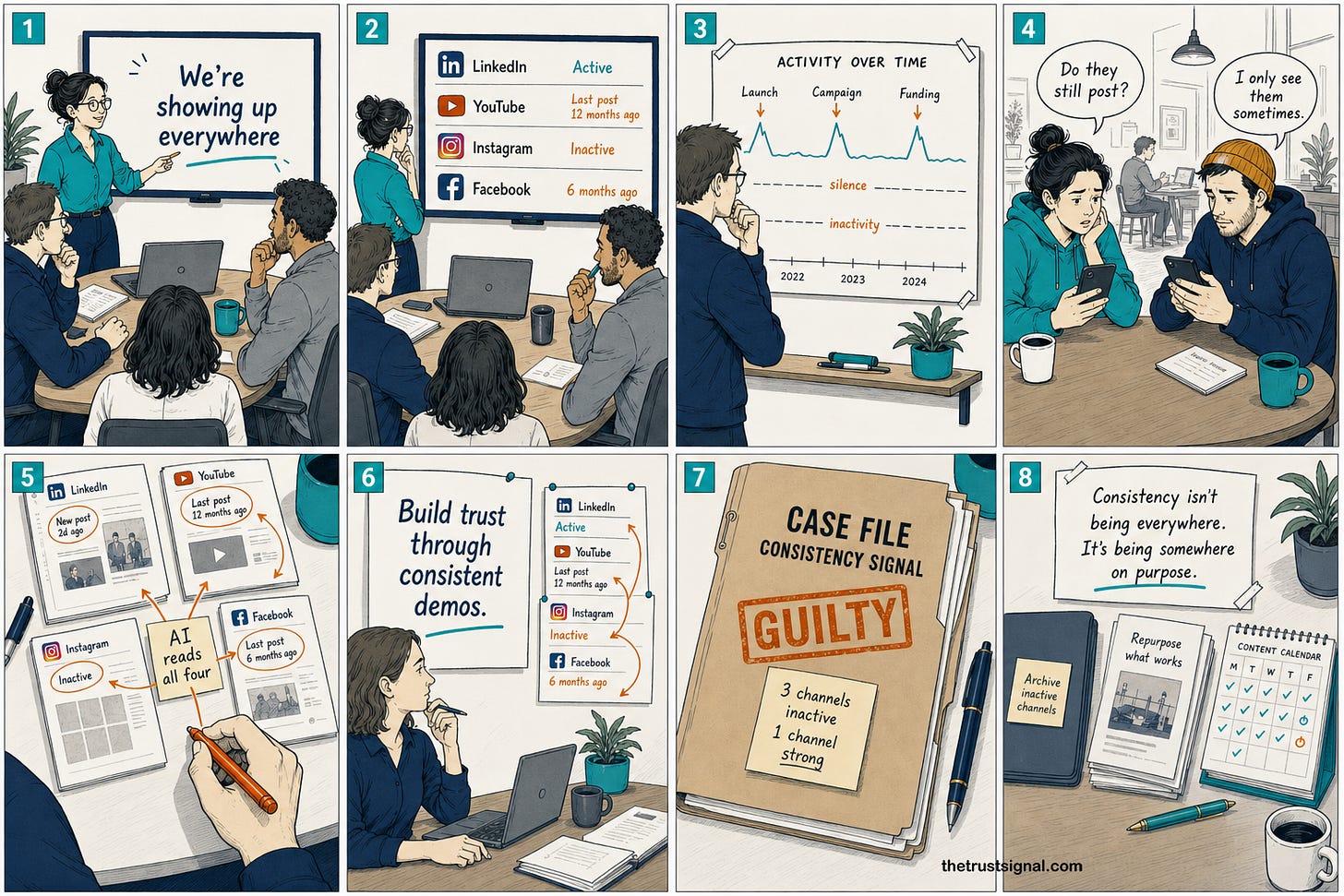 Eight-panel editorial cartoon summarizing the Walnut Consistency audit