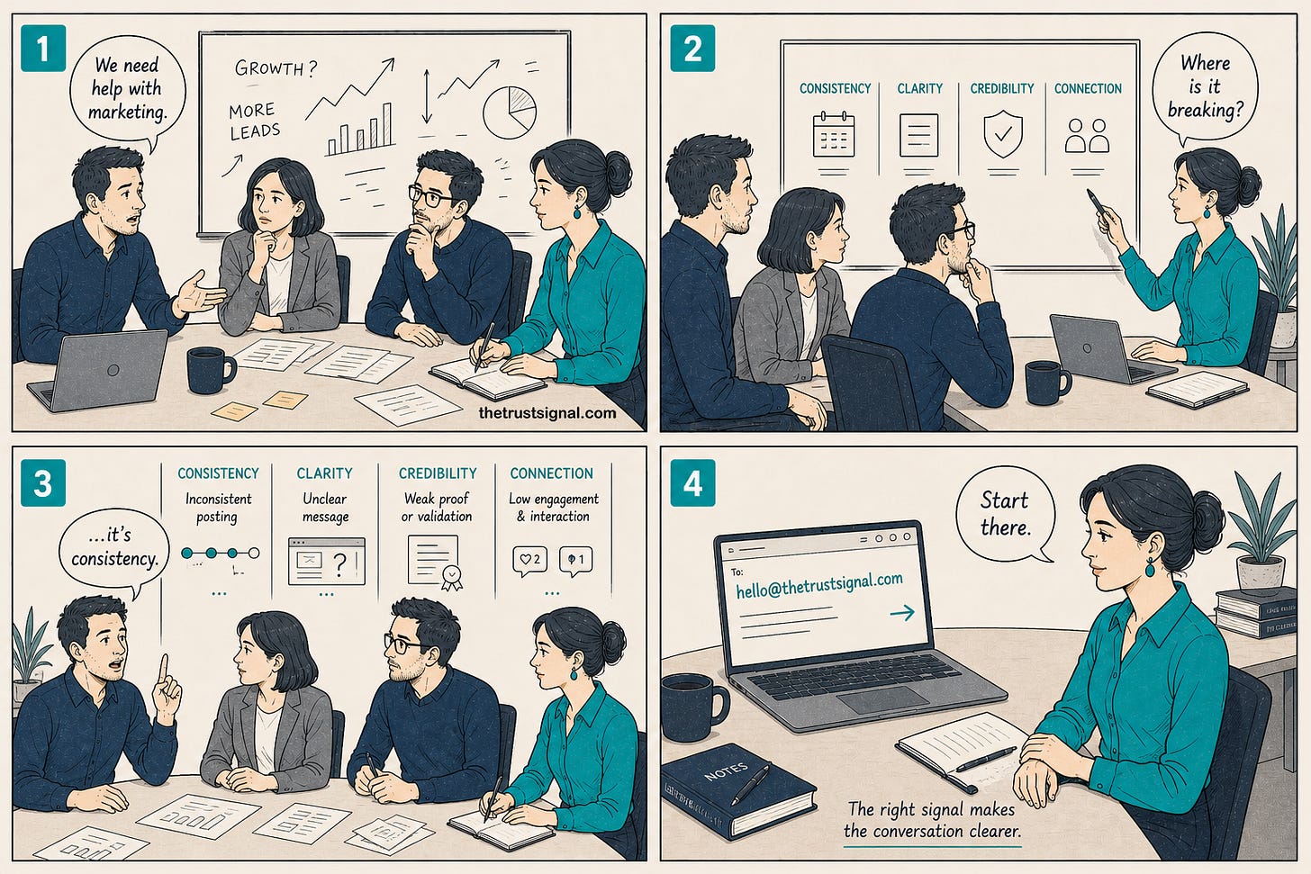 Four-panel editorial cartoon showing Esme opening and investigating a new brand case