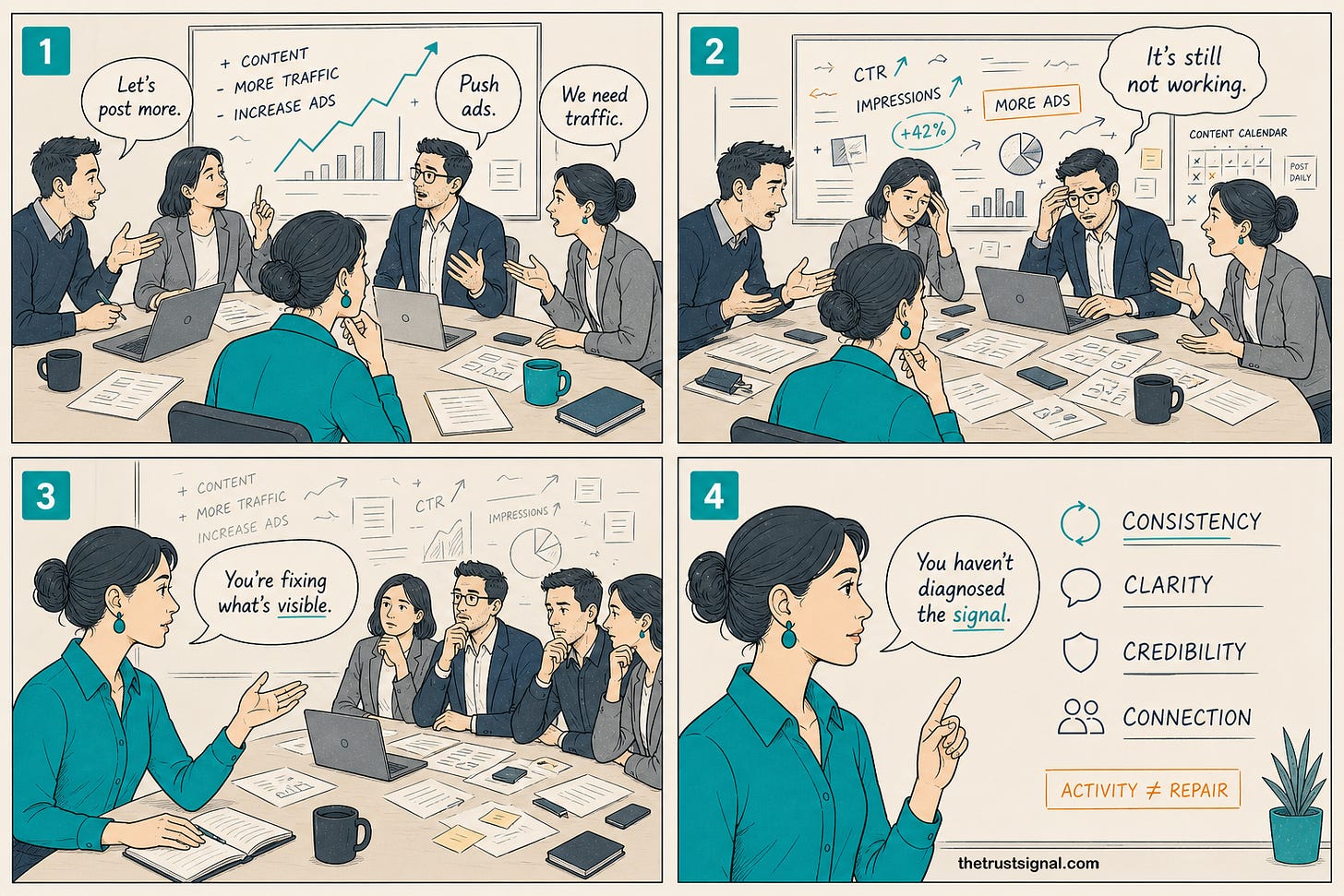 Four-panel editorial cartoon showing the Trust Signal Diagnostic investigation and repair sequence