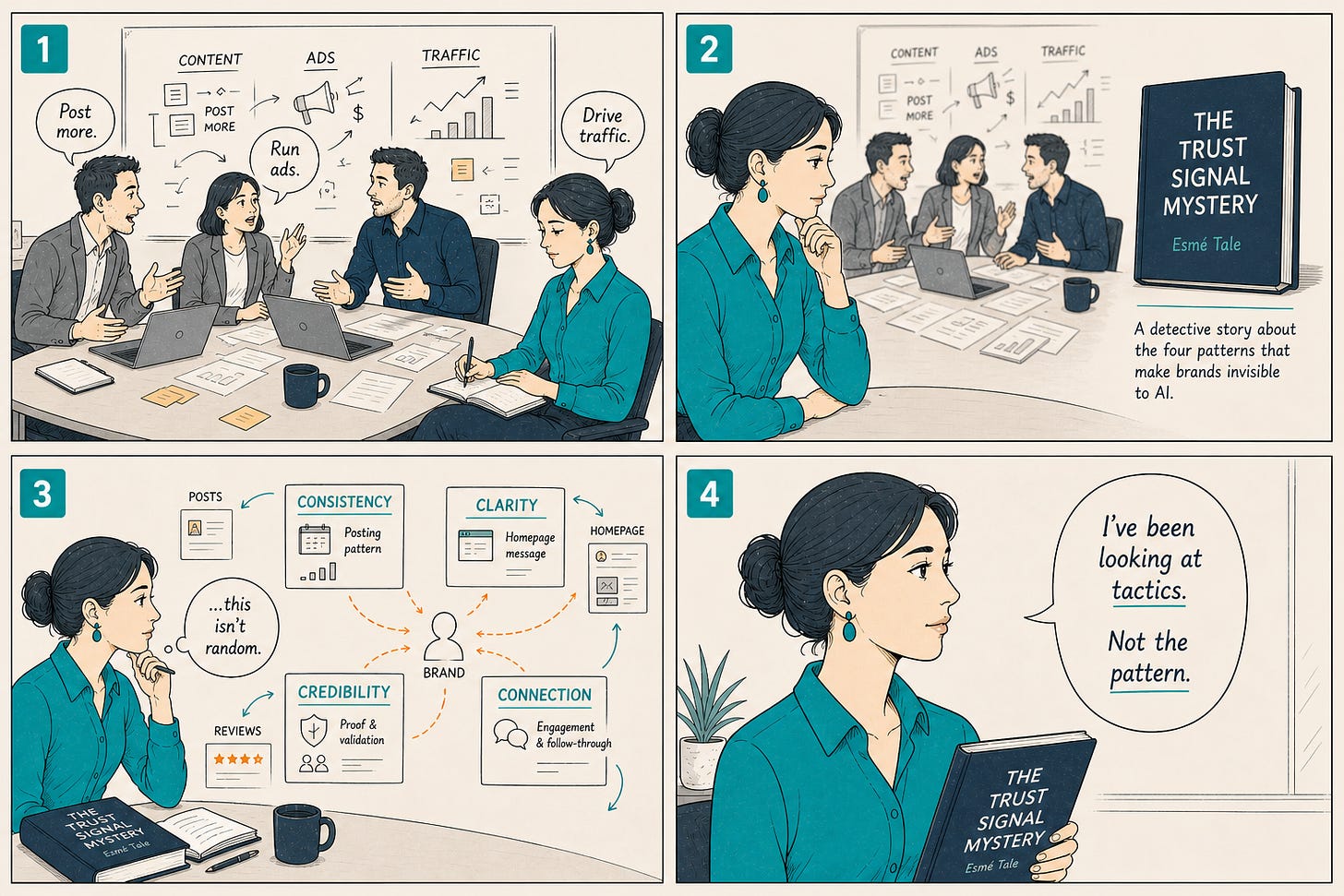Four-panel editorial cartoon introducing The Trust Signal Mystery and its four patterns