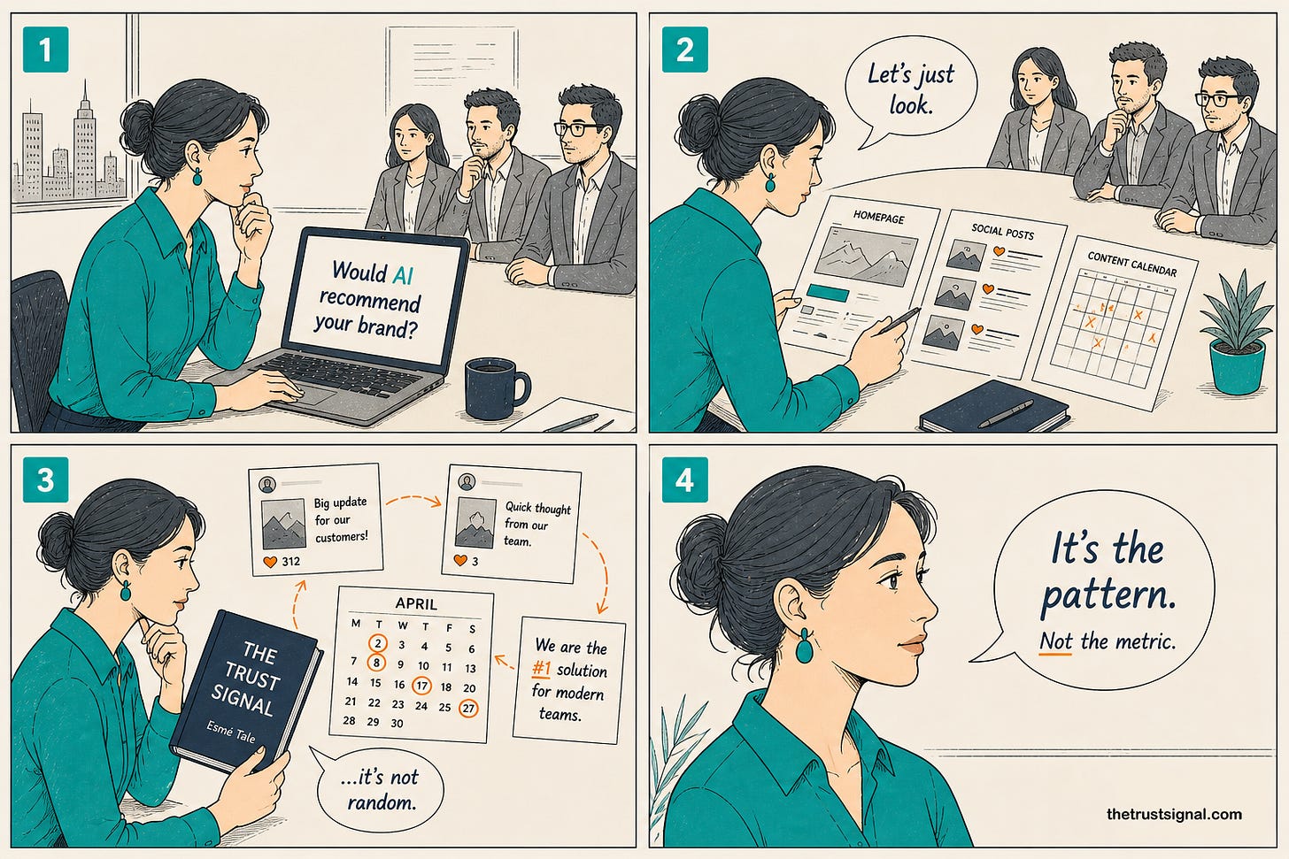 Four-panel editorial cartoon introducing Esme's Trust Signal investigation